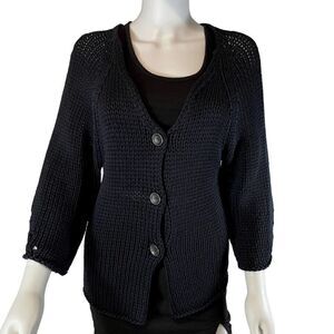 Oska Knit Three Quarter Sleeve Button Up Cardigan Black